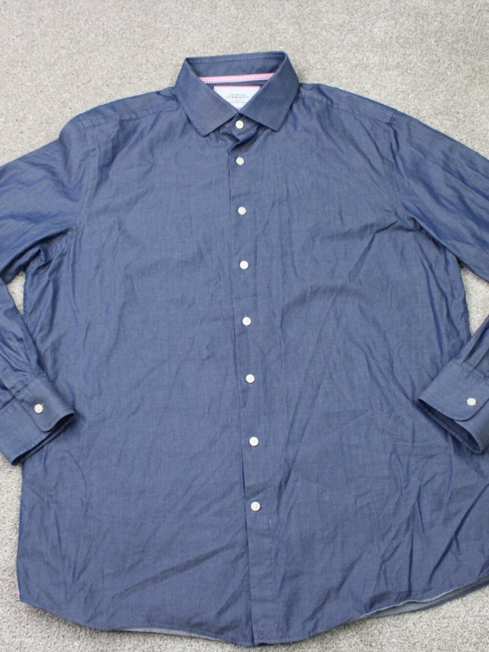 Charles Tyrwhitt Shirt Mens 18, 37 Blue Slim Fit 100% Cotton Long Sleeve Preppy
